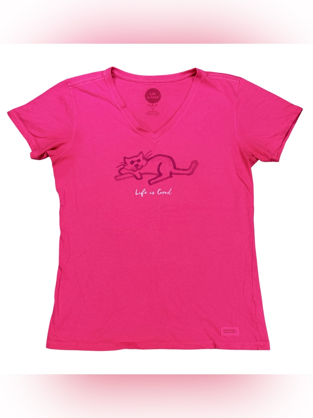 Life Is Good Bright Pink V-Neck Crusher Tee Medium Short Sleeve Cat Graphic